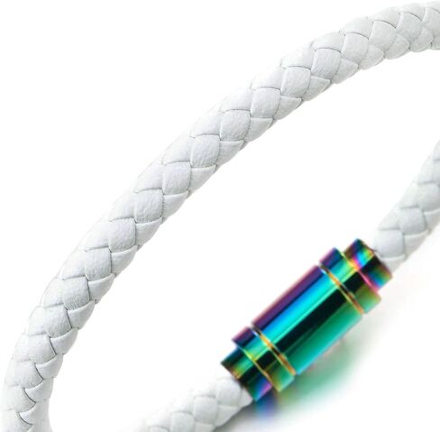 COOLSTEELANDBEYOND Thin White Braided Genuine Leather Bangle Bracelet for Men Women, Rainbow Oxidized Magnetic Clasp in Saudi Arabia
