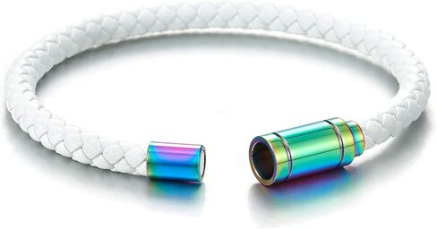 COOLSTEELANDBEYOND Thin White Braided Genuine Leather Bangle Bracelet for Men Women, Rainbow Oxidized Magnetic Clasp in Saudi Arabia