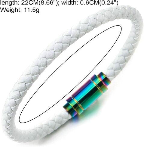 COOLSTEELANDBEYOND Thin White Braided Genuine Leather Bangle Bracelet for Men Women, Rainbow Oxidized Magnetic Clasp in Saudi Arabia