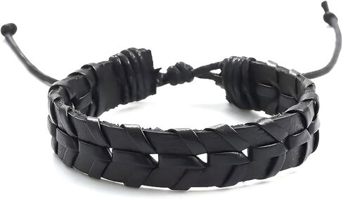 سوار ملفوف من الجلد الأسود من بيرني للرجال، جلد بوهو حقيقي مع خيوط من النايلون بعرض 13 ملم سوار معصم مصنوع يدويًا طبيعيًا من نوع بانك إيمو in Kuwait