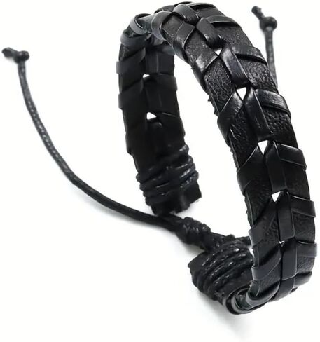 سوار ملفوف من الجلد الأسود من بيرني للرجال، جلد بوهو حقيقي مع خيوط من النايلون بعرض 13 ملم سوار معصم مصنوع يدويًا طبيعيًا من نوع بانك إيمو in Kuwait