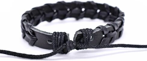 سوار ملفوف من الجلد الأسود من بيرني للرجال، جلد بوهو حقيقي مع خيوط من النايلون بعرض 13 ملم سوار معصم مصنوع يدويًا طبيعيًا من نوع بانك إيمو in Kuwait