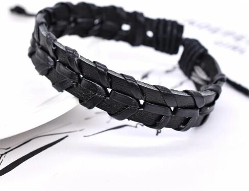 سوار ملفوف من الجلد الأسود من بيرني للرجال، جلد بوهو حقيقي مع خيوط من النايلون بعرض 13 ملم سوار معصم مصنوع يدويًا طبيعيًا من نوع بانك إيمو in Kuwait