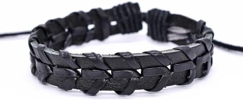 سوار ملفوف من الجلد الأسود من بيرني للرجال، جلد بوهو حقيقي مع خيوط من النايلون بعرض 13 ملم سوار معصم مصنوع يدويًا طبيعيًا من نوع بانك إيمو in Kuwait