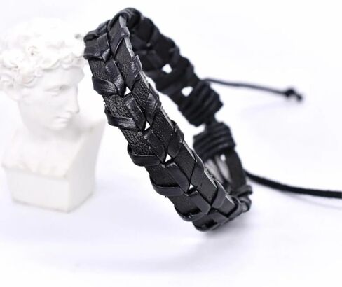 سوار ملفوف من الجلد الأسود من بيرني للرجال، جلد بوهو حقيقي مع خيوط من النايلون بعرض 13 ملم سوار معصم مصنوع يدويًا طبيعيًا من نوع بانك إيمو in Kuwait