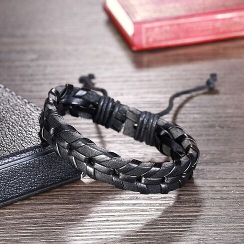 سوار ملفوف من الجلد الأسود من بيرني للرجال، جلد بوهو حقيقي مع خيوط من النايلون بعرض 13 ملم سوار معصم مصنوع يدويًا طبيعيًا من نوع بانك إيمو in Kuwait
