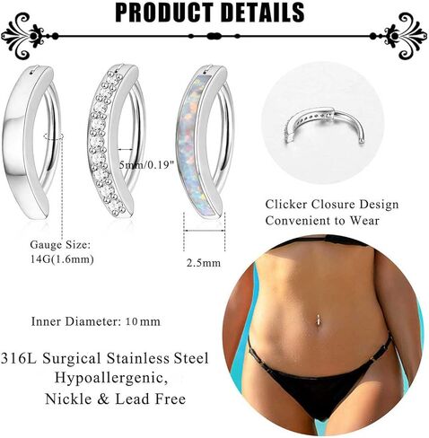 Tungary 14G حلقات زر البطن، حلقات البطن الفولاذية الجراحية للنساء، حلقات زر البطن، ثقب البطن، تشيكوسلوفاكيا، حلقات السرة العكسية المنحنية، مجوهرات ثقب الجسم، الحديد in Kuwait