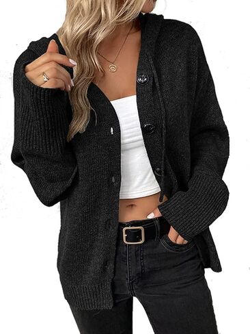 Women Winter Zipper Long Sleeve Open Front Knit Cardigan Slouchy Drawstring Hooded Sweater Coat Outwear in Saudi Arabia