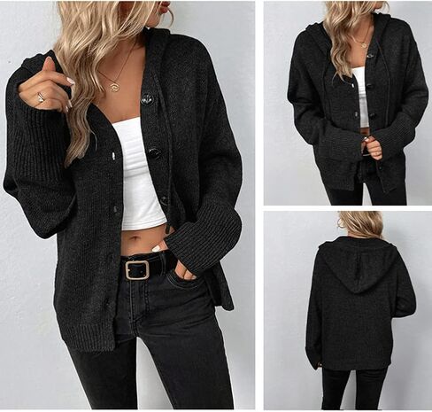 Women Winter Zipper Long Sleeve Open Front Knit Cardigan Slouchy Drawstring Hooded Sweater Coat Outwear in Saudi Arabia