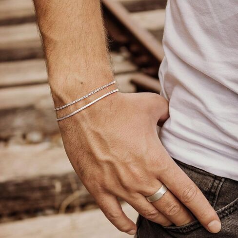 CHESKY الطبقات سوار الفضة للرجال الأولاد، 925 الفضة الاسترليني الرجال سوار لذيذ الرجال سوار مجموعة 2mm ثعبان مربع سلسلة ربط Braclets 6.5-9 بوصة الفضة والمجوهرات هدية للرجال الأولاد in Kuwait