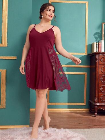 WDIRARA Women's Plus Size Lace Trim Backless Short Nightgown Sexy Chemise Cami Nightdress in Saudi Arabia
