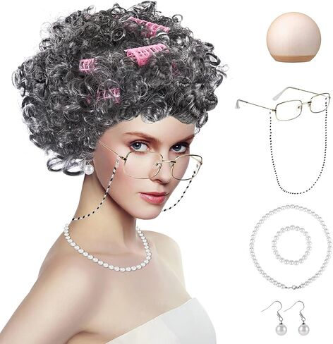 شعر مستعار للسيدات العجوز من Tibeha، مجموعة شعر مستعار لأطفال المدارس لمدة 100 يوم مع بكرات شعر ونظارات (8 قطع) in Kuwait