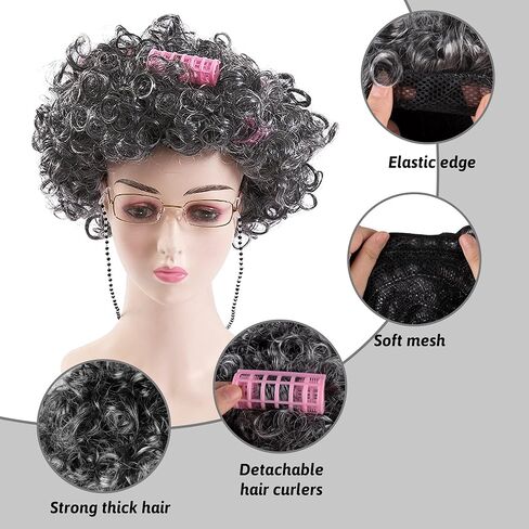 شعر مستعار للسيدات العجوز من Tibeha، مجموعة شعر مستعار لأطفال المدارس لمدة 100 يوم مع بكرات شعر ونظارات (8 قطع) in Kuwait