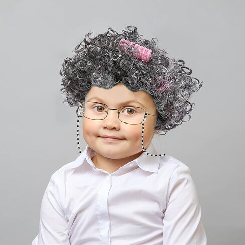 شعر مستعار للسيدات العجوز من Tibeha، مجموعة شعر مستعار لأطفال المدارس لمدة 100 يوم مع بكرات شعر ونظارات (8 قطع) in Kuwait