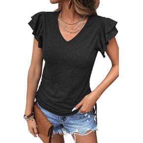 Womens Summer Tops 2024 Ruffle Short Sleeve Side Tie Drawstring V Neck T-Shirts Solid Color Casual Tunic Blouses Shirts