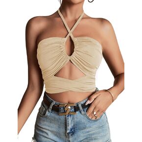 LYANER Women's Sexy Halter Ruched Criss Cross Cut Out Sleeveless Tie Back Cami Crop Tops