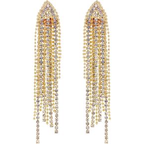 Mlouye Art Deco Rhinestone Chandelier Statement Earrings Dangling for Women Girls, Triangle Tassel Fringe Crystals Dangle Earring for Prom Party