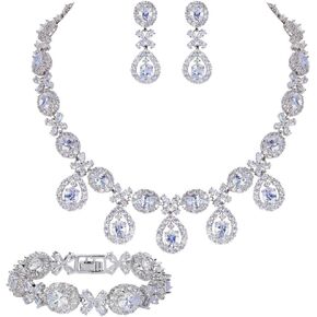 EVER FAITH Elegant Wedding Jewelry CZ Floral Leaves Water Drop Bridal Prom Necklace Earrings Bracelet Set for Women Bride in Kuwait