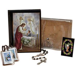 Blessed Sacrament First Communion Gift Set with Mass Book Scapular Rosary Lapel Pin and Wallet, Boy in Saudi Arabia