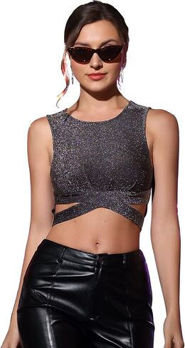 Allegra K Glitter Crop Top for Women's Sparkly Party Cutout Sleeveless Slim Fit Tops in Saudi Arabia
