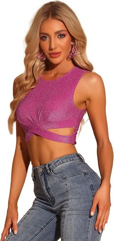 Allegra K Glitter Crop Top for Women's Sparkly Party Cutout Sleeveless Slim Fit Tops in Saudi Arabia