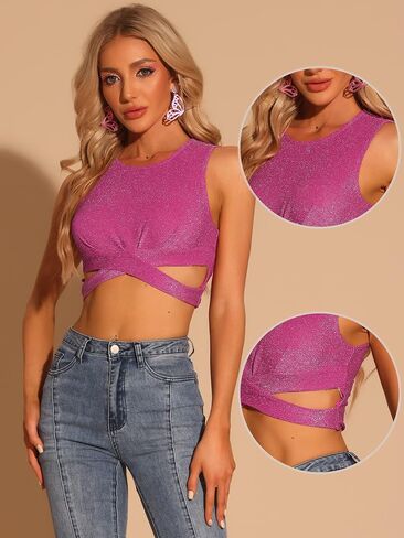 Allegra K Glitter Crop Top for Women's Sparkly Party Cutout Sleeveless Slim Fit Tops in Saudi Arabia