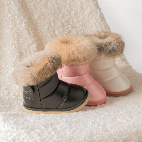 Meckior طفل الفتيات الفتيان في الهواء الطلق مقاوم للماء الفراء مبطن أحذية الثلوج بولي Leather جلد الشتاء الدافئ زلة مقاومة الطقس البارد الجوارب المسطحة أحذية الأطفال in Kuwait