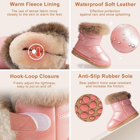 Meckior طفل الفتيات الفتيان في الهواء الطلق مقاوم للماء الفراء مبطن أحذية الثلوج بولي Leather جلد الشتاء الدافئ زلة مقاومة الطقس البارد الجوارب المسطحة أحذية الأطفال in Kuwait