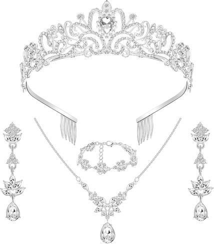 Hicarer 4 Pcs Bridal Tiara Necklace Wedding Jewelry Set Crystal Rhinestone Jewelry Crowns Bracelet Teardrop Earrings for Women Girls Christmas New Year Birthday Party Bride Princess Costume Outfit in Saudi Arabia