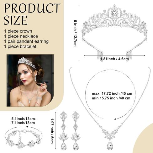 Hicarer 4 Pcs Bridal Tiara Necklace Wedding Jewelry Set Crystal Rhinestone Jewelry Crowns Bracelet Teardrop Earrings for Women Girls Christmas New Year Birthday Party Bride Princess Costume Outfit in Saudi Arabia
