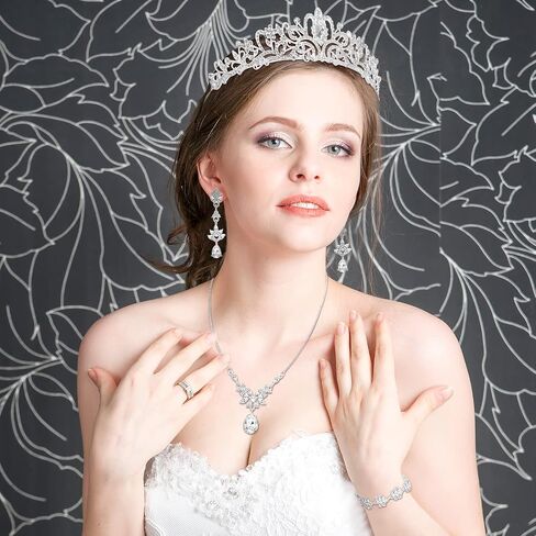 Hicarer 4 Pcs Bridal Tiara Necklace Wedding Jewelry Set Crystal Rhinestone Jewelry Crowns Bracelet Teardrop Earrings for Women Girls Christmas New Year Birthday Party Bride Princess Costume Outfit in Saudi Arabia