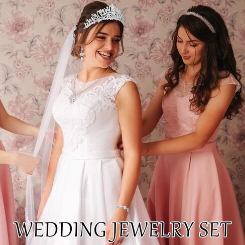 Hicarer 4 Pcs Bridal Tiara Necklace Wedding Jewelry Set Crystal Rhinestone Jewelry Crowns Bracelet Teardrop Earrings for Women Girls Christmas New Year Birthday Party Bride Princess Costume Outfit in Saudi Arabia