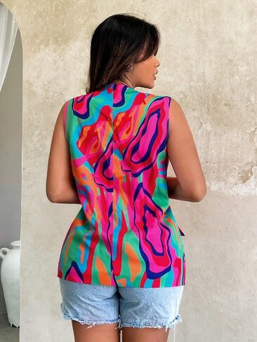 Floerns Women's All Over Print Sleeveless Single Button V Neck Vest Blazer in Saudi Arabia