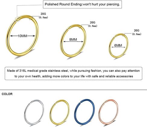 12 قطعة 20 غرام، اقراط وهمية لغضروف الانف، اقراط انف وحاجز الانف، اقراط انف مضادة للحساسية من الستيل الجراحي 316l، اقراط انف صغيرة ورفيعة، مجوهرات ثقب الانف مقاس 6 ملم 8 ملم 10 ملم للنساء in Kuwait