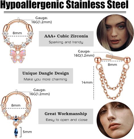 حلقات الحاجز 16G من CASSIECA متدلية 316L مجوهرات الحاجز الصلب الجراحي مع الكوكب الأزرق تشيكوسلوفاكيا القمر فراشة الغضروف الحلزون الزنمة Daith أقراط هوب حلقات الأنف ثقب للنساء 8 مم 10 مم in Kuwait