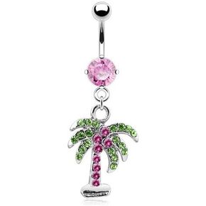 Pierced Owl - 14GA Stainless Steel CZ Crystal Gemmed Palm Tree Dangling Belly Button Ring