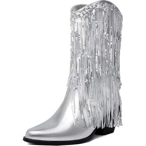 HEIFIN أحذية معدنية هامش للنساء بريق كاوبوي أحذية راعية البقر أشار تو كعب مكتنز سباركلي منتصف الساق الأحذية in Kuwait