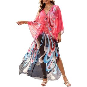 Eddoyee Bathing Suit Cover Ups for Women Floral Print Kaftan Dresses Plus Size Beach Coverup V-Neck Side Split Caftans