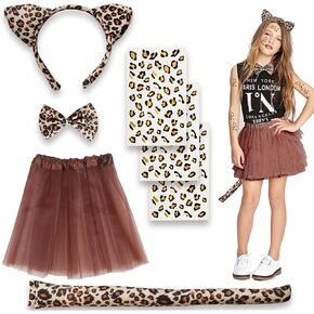 Luhiew Leopard Costume Suit, Headband Tie Tail Three Pieces Set With Leopard Tattoo Stickers and Brown Skirt in Kuwait