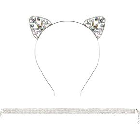 Luhiew Silver Crystal Cat Ears Headband and Silver Chocker Necklace, Cute Animal Cosplay Cat Costume Accessories for Halloween Christmas Festival Theme Party in Kuwait
