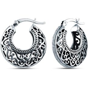 Charmsy 925 Sterling Silver Filigree Cut Click-Top Hoop Earrings for Women and Teens - Stylish and Lightweight Silver Jewelry in Kuwait