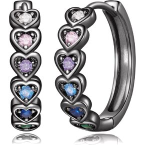 Heart Rainbow Hoop Earrings for Women Girls 14k Gold plated Multicolor Cubic Zirconia Huggie Hoop Earrings with 925 Sterling Silver Post | 20mm