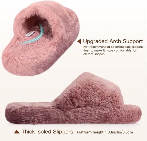 Women's Fuzzy Slippers Cross Band Memory Foam House Slippers Open Toe Plush Comfy Faux Fur Lined Slide Shoes Anti-Skid Sole in Saudi Arabia