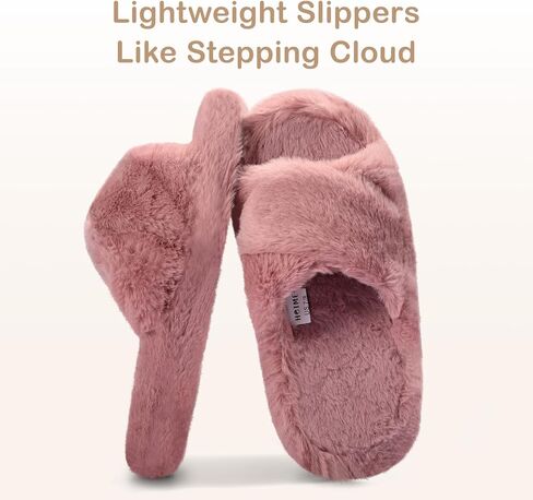 Women's Fuzzy Slippers Cross Band Memory Foam House Slippers Open Toe Plush Comfy Faux Fur Lined Slide Shoes Anti-Skid Sole in Saudi Arabia