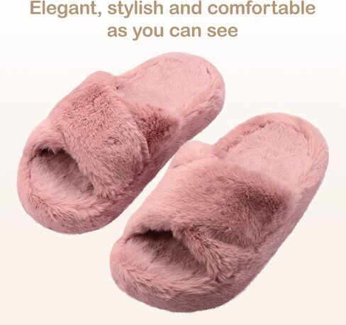Women's Fuzzy Slippers Cross Band Memory Foam House Slippers Open Toe Plush Comfy Faux Fur Lined Slide Shoes Anti-Skid Sole in Saudi Arabia