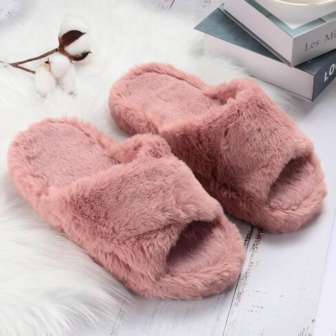 Women's Fuzzy Slippers Cross Band Memory Foam House Slippers Open Toe Plush Comfy Faux Fur Lined Slide Shoes Anti-Skid Sole in Saudi Arabia