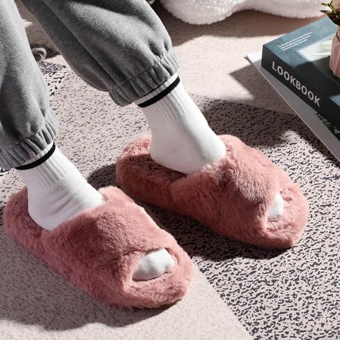 Women's Fuzzy Slippers Cross Band Memory Foam House Slippers Open Toe Plush Comfy Faux Fur Lined Slide Shoes Anti-Skid Sole in Saudi Arabia
