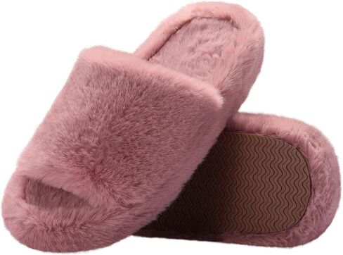 Women's Fuzzy Slippers Cross Band Memory Foam House Slippers Open Toe Plush Comfy Faux Fur Lined Slide Shoes Anti-Skid Sole in Saudi Arabia