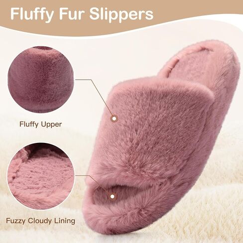 Women's Fuzzy Slippers Cross Band Memory Foam House Slippers Open Toe Plush Comfy Faux Fur Lined Slide Shoes Anti-Skid Sole in Saudi Arabia