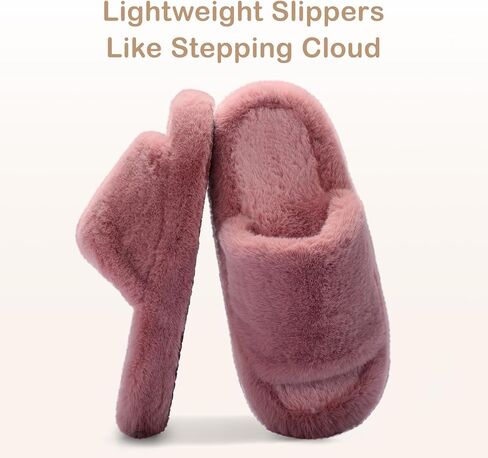 Women's Fuzzy Slippers Cross Band Memory Foam House Slippers Open Toe Plush Comfy Faux Fur Lined Slide Shoes Anti-Skid Sole in Saudi Arabia
